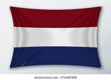 Netherlands national flag. Symbol of the country on a stretched fabric with waves attached with pins. Realistic vector illustration.