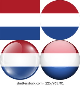 Netherlands National Flag Symbol Logo Icon, set of 1:1 Square, Round Circular Shape, Bubble and Button Design Vector Illustration Isolated on White Background