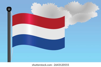 Netherlands national flag waving against a bright blue sky. representing national pride, unity, and heritage in Europe with its vibrant colors and iconic design. Patriotic symbol of identity or pride