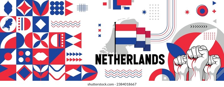 Banner del Día de la Independencia de los Países Bajos para la celebración del país. Bandera y mapa de Nederland con puños elevados. Diseño retro moderno con iconos geométricos abstractos de tiporgafía. Ilustración vectorial.