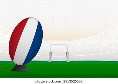 Netherlands national team rugby ball on rugby stadium and goal posts, preparing for a penalty or free kick. Vector illustration.