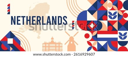Netherlands national vector banner featuring the flag, dotted map, landmarks, and geometric pattern design