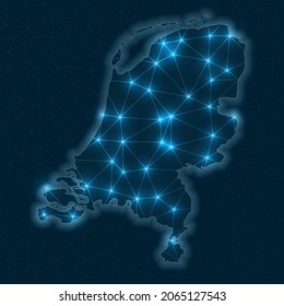 Mapa de red de los Países Bajos. Mapa geométrico abstracto del país. Conexiones digitales y diseño de telecomunicaciones. Red de Internet brillante. Ilustración vectorial genial.