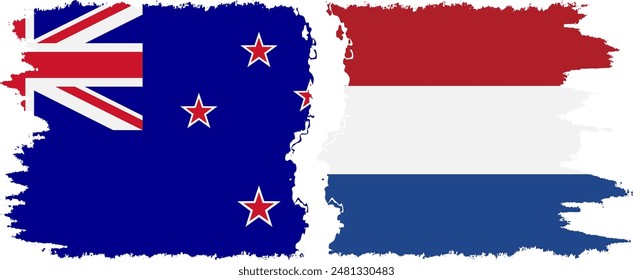 Netherlands and New Zealand grunge flags connection, vector