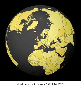 Países Bajos en el globo oscuro con mapa del mundo amarillo. País resaltado con color azul. La proyección mundial por satélite se centró en los Países Bajos. Auténtica ilustración vectorial.