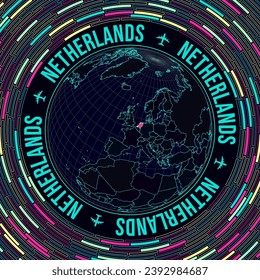 Netherlands on globe. Satelite view of the world centered to Netherlands. Bright neon style. Futuristic radial bricks background. Captivating vector illustration.