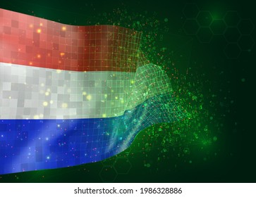 Niederlande auf Vektorgrafik 3D-Flagge auf grünem Hintergrund mit Polygone und Datennummern