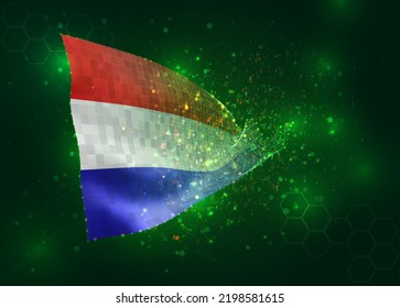 Netherlands, on vector 3d flag on green background with polygons and data numbers