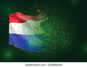 Netherlands, on vector 3d flag on green background with polygons and data numbers