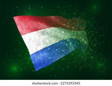 Netherlands, on vector 3d flag on green background with polygons and data numbers