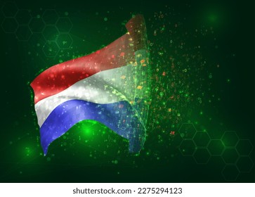 Netherlands, on vector 3d flag on green background with polygons and data numbers