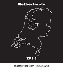 Netherlands outline map, stroke. Name of state. Line style. Vector EPS8