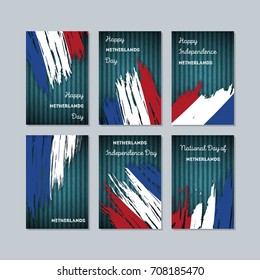Netherlands Patriotic Cards for National Day. Expressive Brush Stroke in Flag Colors on dark striped background. Vector Greeting Card.