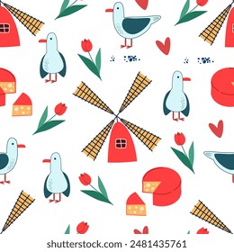 Netherlands pattern. doodle icons Windmill, holland cheese, seagulls and tulip flowers. vector illustration