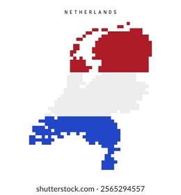 Netherlands pixel flag map icon. 8 bit pixel art Holland map covered with flag. Flat vector illustration isolated on white background.