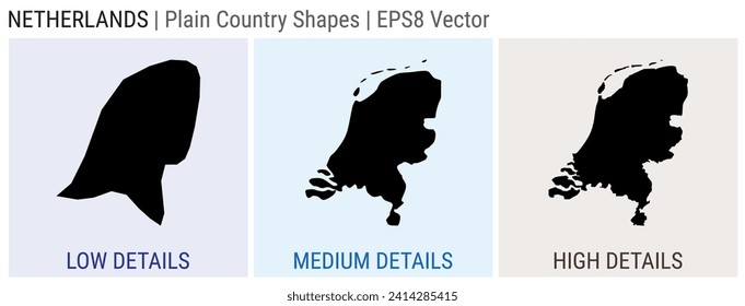 Netherlands - plain country shapes. Low, medium, and high detailed maps of the Netherlands. EPS8 Vector illustration.