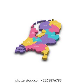 Netherlands political map of administrative divisions - provinces. Colorful 3D vector map with dropped shadow and country name labels.