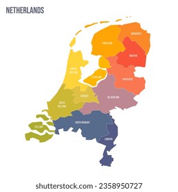 Netherlands political map of administrative divisions - provinces. Colorful spectrum political map with labels and country name.