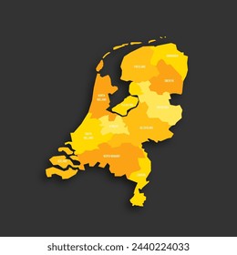 Netherlands political map of administrative divisions - provinces. Yellow shade flat vector map with name labels and dropped shadow isolated on dark grey background.