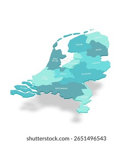 Mapa político das divisões administrativas - províncias. Mapa de vetor turquesa 3D com rótulos de nome.