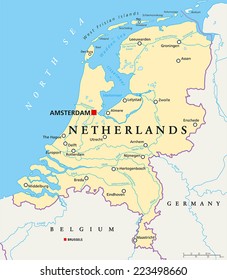 Netherlands Political Map with capital Amsterdam, national borders, most important cities, rivers and lakes. English labeling and scaling.