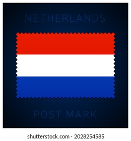 netherlands postage mark. National Flag Postage Stamp isolated on white background vector illustration. Stamp with official country flag pattern and countries name