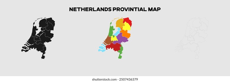 Netherlands Provincial Map in colors. EPS file also in selhoutte and outlined form. Editable EPS file.