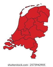 Netherlands red map with border of regions outline vector