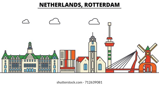Netherlands, Rotterdam. City skyline: architecture, buildings, streets, silhouette, landscape, panorama, landmarks. Editable strokes. Flat design line vector illustration concept. Isolated icons set