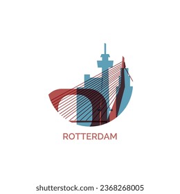 Netherlands Rotterdam cityscape skyline city panorama vector flat modern logo icon. South Holland region emblem idea with landmarks and building silhouettes