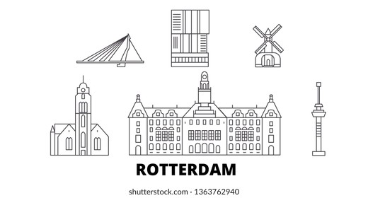 Netherlands, Rotterdam line travel skyline set. Netherlands, Rotterdam outline city vector illustration, symbol, travel sights, landmarks.