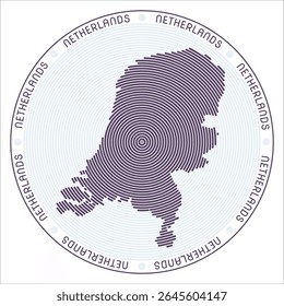 Netherlands round logo design. Country shape built of rings. Netherlands text around the country. Vector Illustration.