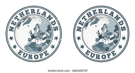 Netherlands round logos. Circular badges of country with map of Netherlands in world context. Plain and textured country stamps. Vector illustration.