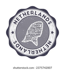 Netherlands seal. Country round logo with shape of Netherlands and country name in multiple languages word cloud. Artistic emblem. Modern vector illustration.
