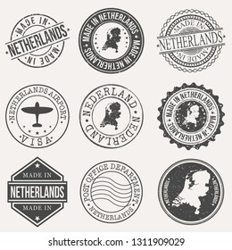 Netherlands Set of Stamps. Travel Stamp. Made In Product. Design Seals Old Style Insignia.