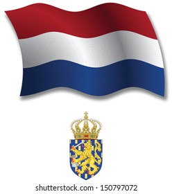 netherlands shadowed textured wavy flag and coat of arms against white background, vector art illustration, image contains transparency transparency