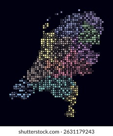 Países Bajos, forma del país, construcción de células de color. Mapa de estilo digital de los Países Bajos sobre fondo oscuro. Bloques cuadrados de tamaño Pequeño. Ilustración vectorial simple.