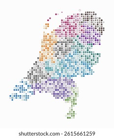 Netherlands, shape of the country built of colored cells. Digital style map of the Netherlands on a white background. Small size circle blocks. Abstract vector illustration.