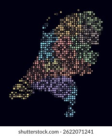 Países Bajos, forma del país, construcción de células de color. Mapa de estilo digital de los Países Bajos sobre fondo oscuro. Bloques cuadrados redondeados de tamaño Pequeño. Ilustración vectorial de tendencia.