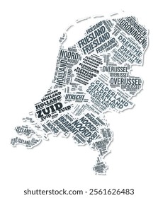 Netherlands shape text cloud. Country border with shadow on white background. Netherlands with regions division in vintage gazette style. Amazing vector illustration.