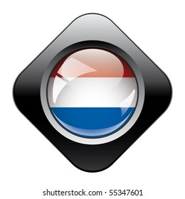 Netherlands shiny button flag with black frame -  vector illustration. Isolated abstract object against white background.