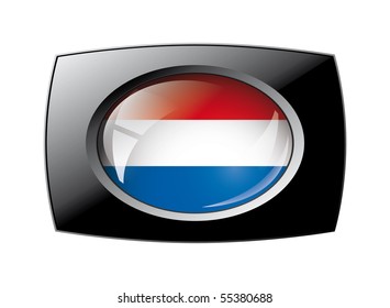 Netherlands shiny button flag with black frame -  vector illustration. Isolated abstract object against white background.