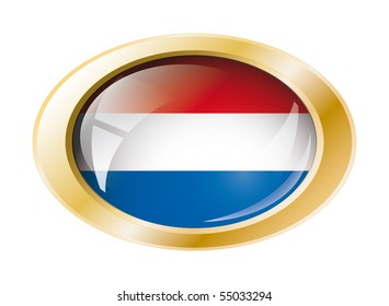 Netherlands shiny button flag with golden ring vector illustration. Isolated abstract object against white background.