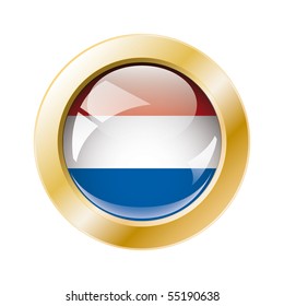 Netherlands shiny button flag with golden ring vector illustration. Isolated abstract object against white background.