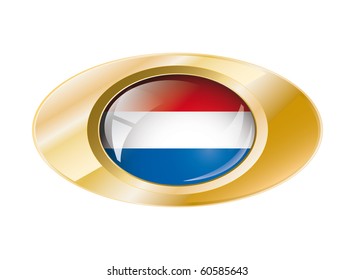 Netherlands shiny button flag with golden ring vector illustration. Isolated abstract object against white background.