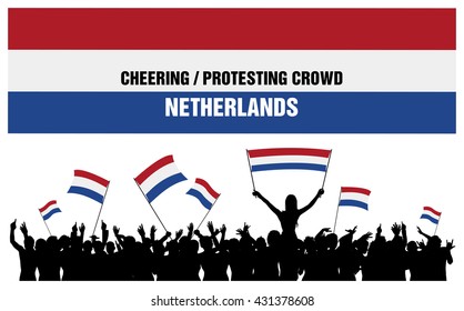 Netherlands silhouettes of cheering or protesting crowd of people with flags and banners of Netherlands.