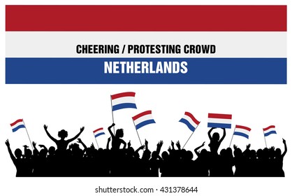 Netherlands silhouettes of cheering or protesting crowd of people with flags and banners of Netherlands.