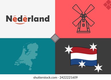 Netherlands, simple vector illustration, with logo and symbol silhouettes
