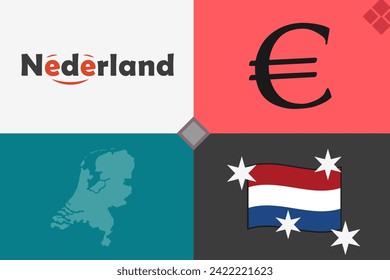 Niederlande, einfache Vektorgrafik mit Logo und Symbolsilhouetten
