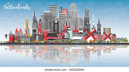 Netherlands Skyline with Gray Buildings, Blue Sky and Reflections. Vector Illustration. Tourism Concept with Historic Architecture. Cityscape with Landmarks. Amsterdam. Rotterdam. The Hague. Utrecht. 